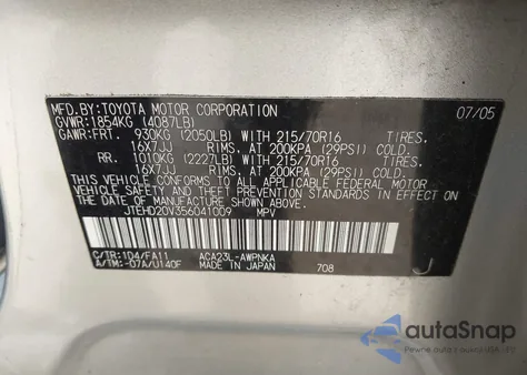 2005 Toyota Rav4 from USA, damaged, VIN JTEHD20V356041009